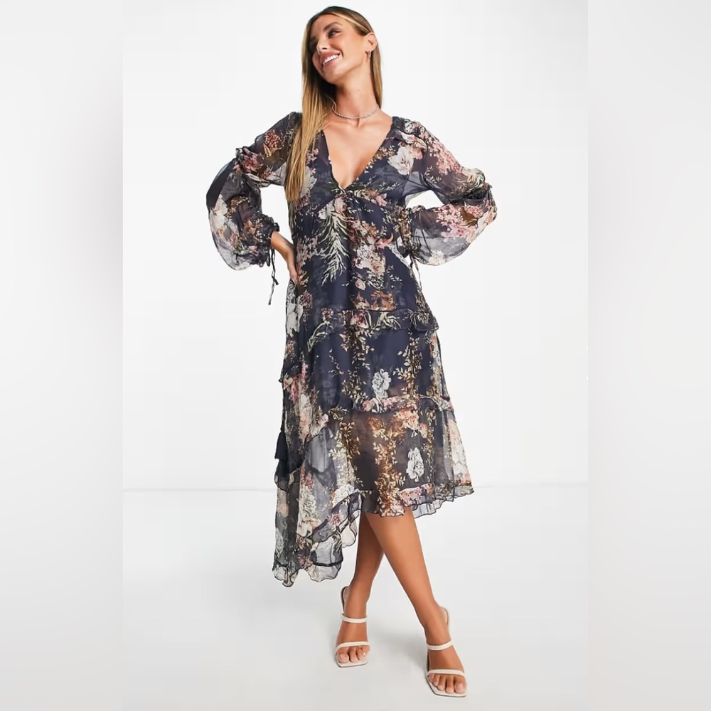 ASOS Navy Floral Midi Dress with Sheer Layers